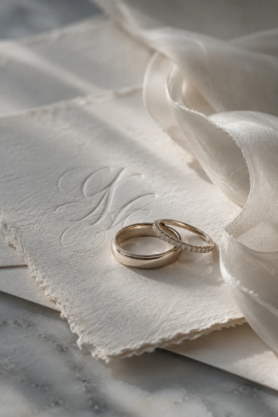 Wedding rings on embossed ivory paper
