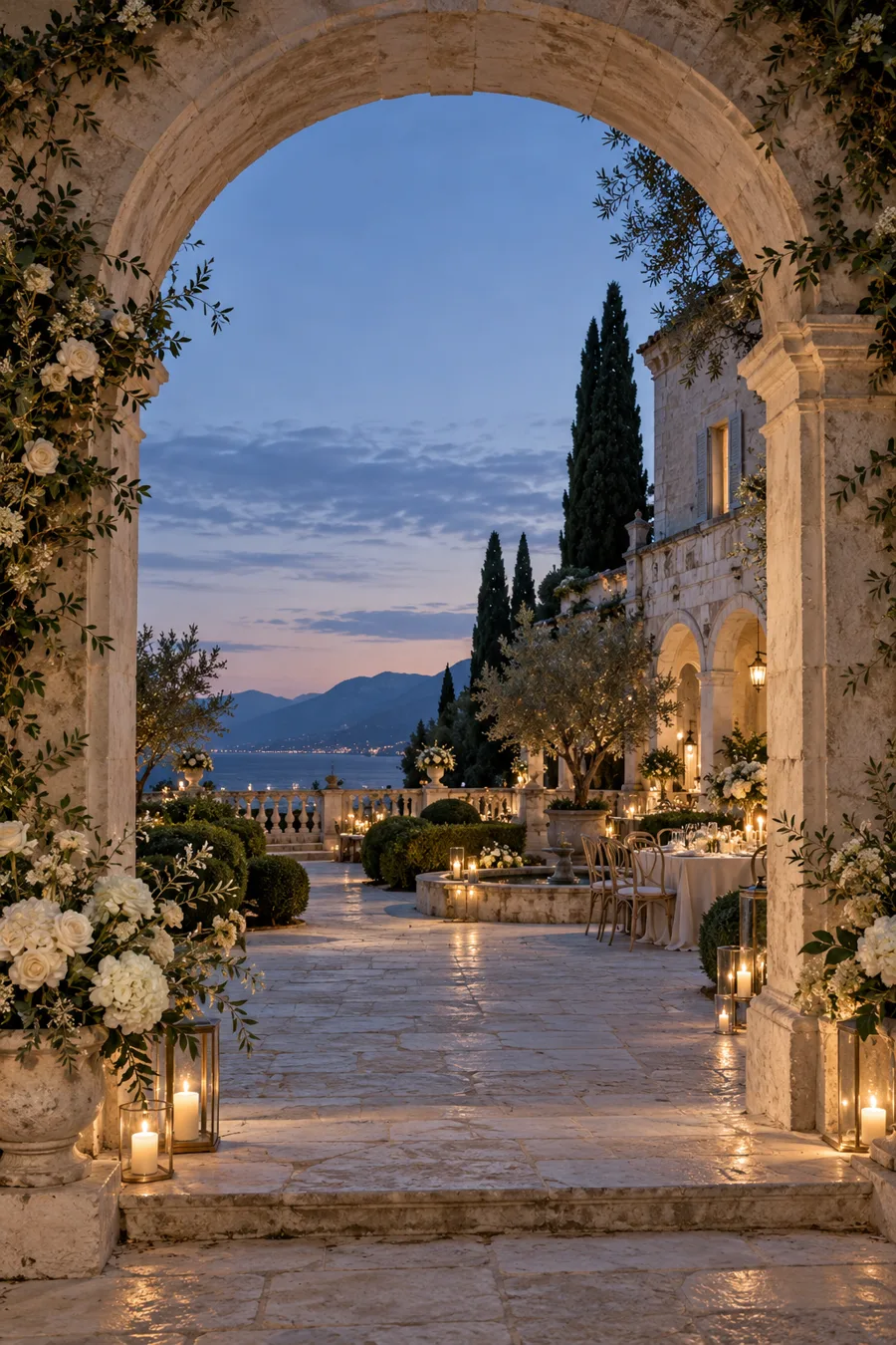 An elegant candlelit villa courtyard at blue hour